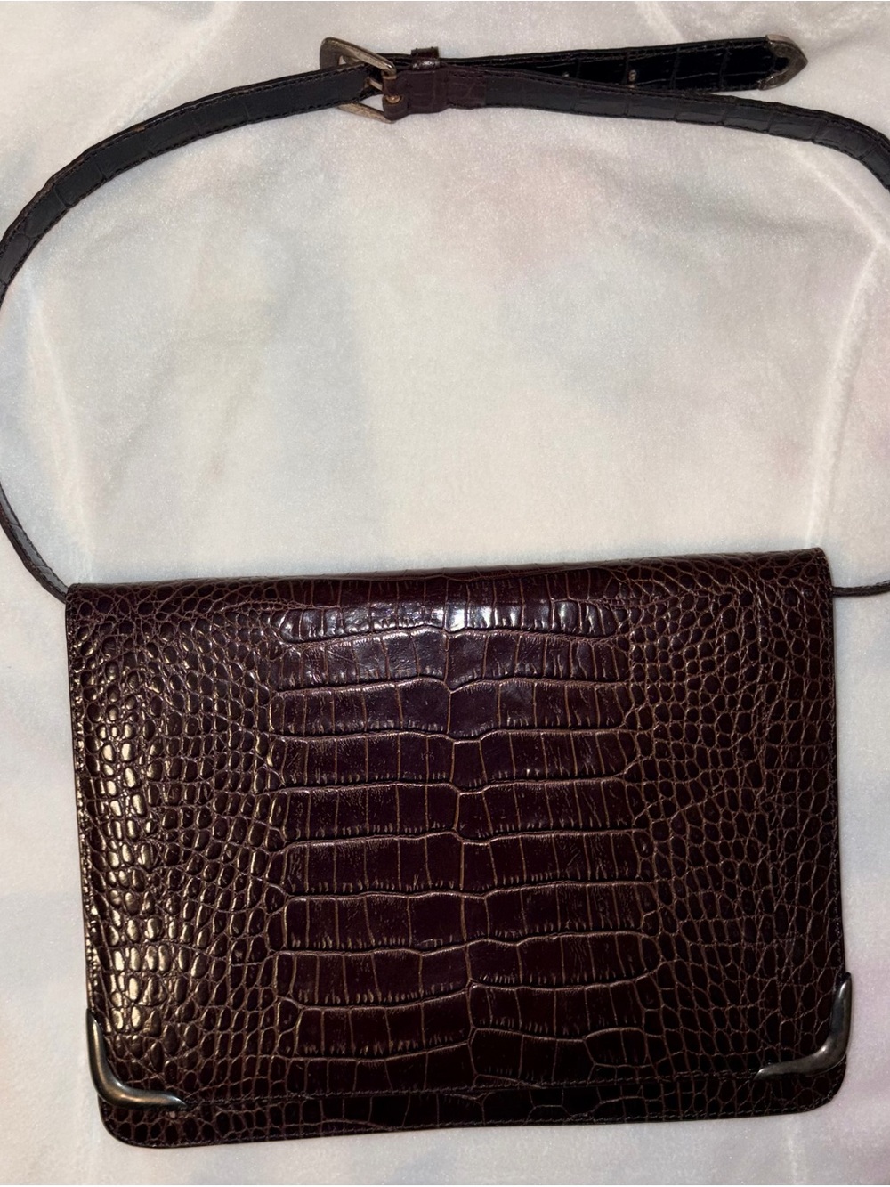 RALPH LAUREN BROWN ALLIGATOR PRINT Ltr .925 STERLING SILVER HARDWARE HANDBAG